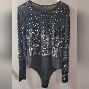 Black Long Sleeve Sheer Mesh See Through Bodysuit with Silver Rhinestones. Sz 1X